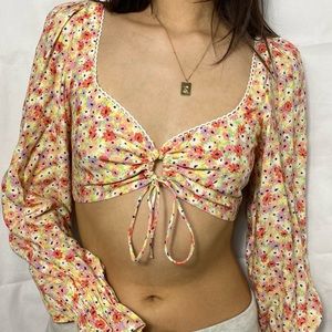 Bershka Floral Tie Long Sleeve Crop Blouse, Size XS
